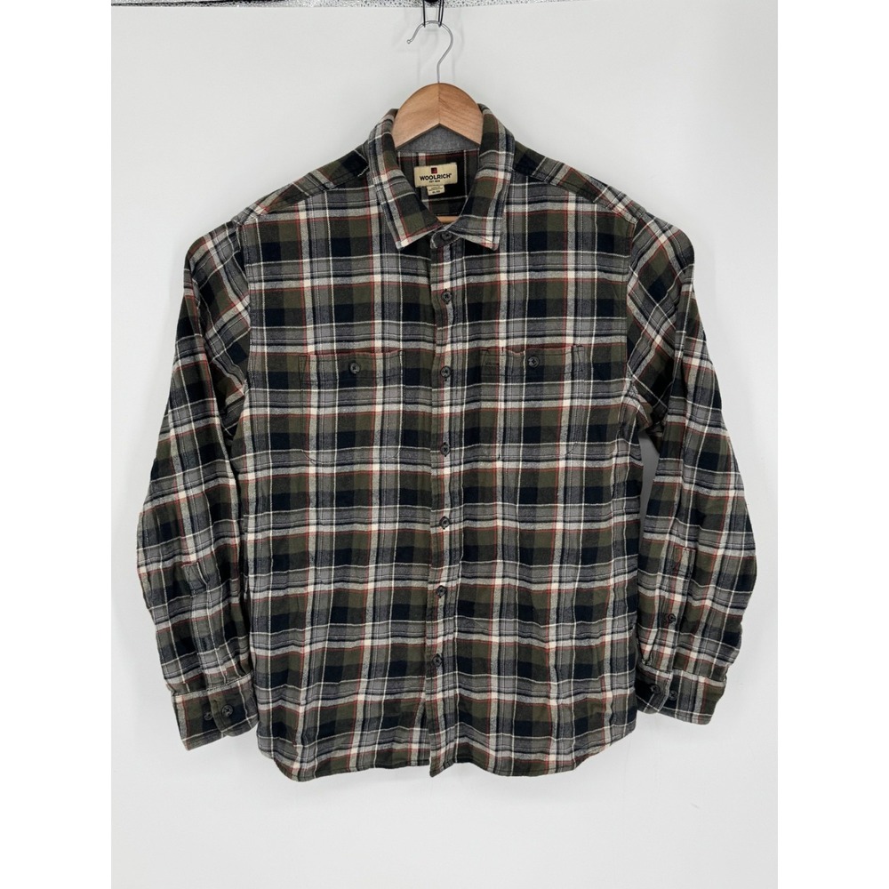 Woolrich Button Down Shirt Men's Size XL Flannel Green/Black Plaid Pockets F1